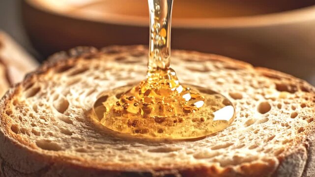Close-up of thick golden honey with bee pollen grains drizzling onto rustic artisan bread