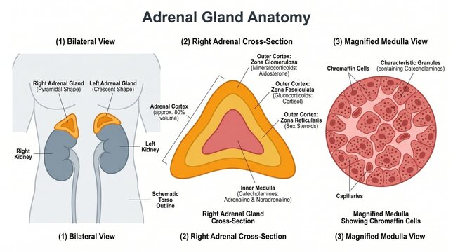 Anatomy chart of adrenal gland cortex zones and medullary structures