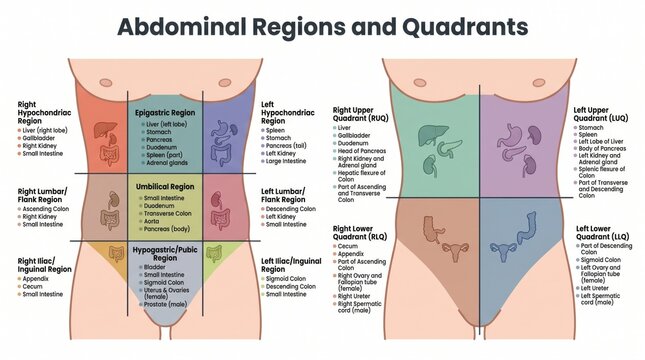 Educational reference chart of abdominal regions and clinical quadrants