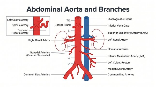 Vascular anatomy chart of abdominal aorta with labelled branches