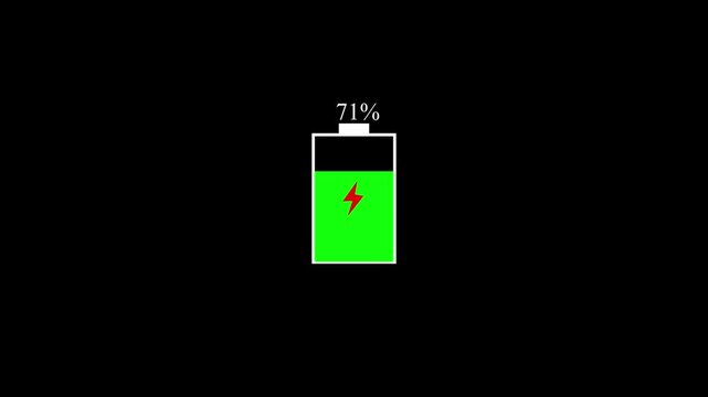 Digital battery charging animation with percentage indicator, fast energy refill concept on black background