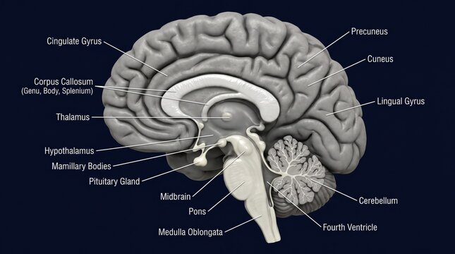Mid-sagittal 3D brain render showing corpus callosum and internal structures
