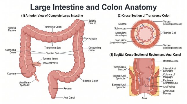 Anatomy chart of colon and large intestine with rectal structures labelled