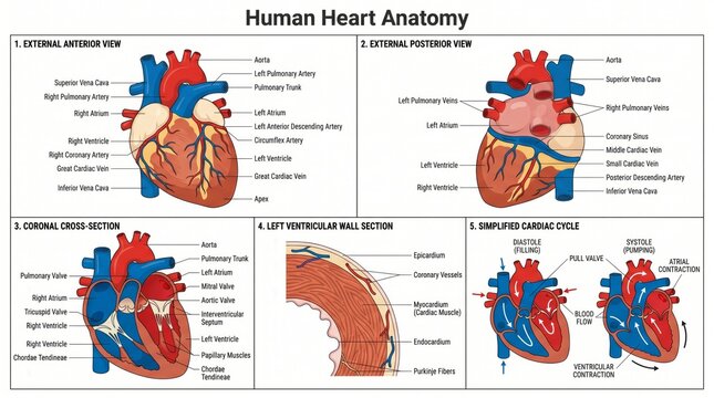 Cardiac anatomy chart of heart chambers and valves with cross-sections
