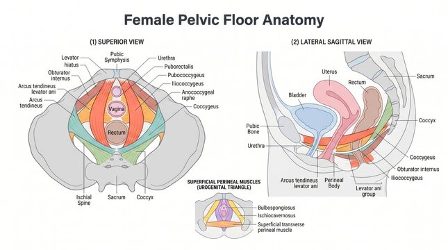 Superior and lateral view anatomy chart of female pelvic floor muscles