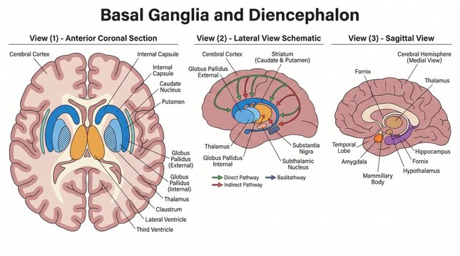Anatomy chart of basal ganglia and diencephalon with labelled circuit pathways