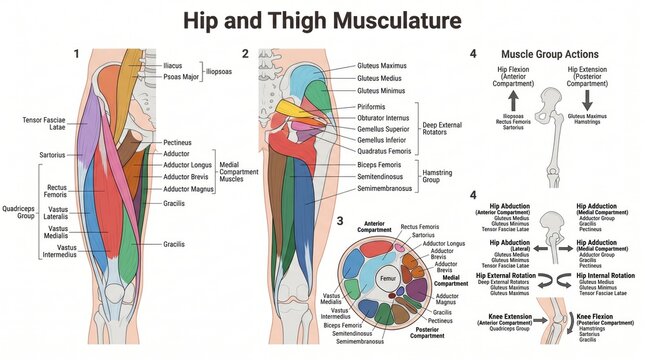 Four-view anatomy chart of human hip and thigh musculature