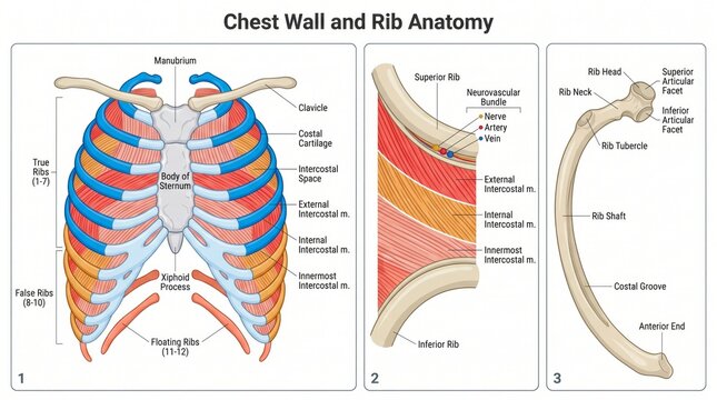 Anatomy chart of chest wall and ribs with intercostal muscle layers