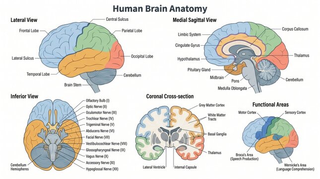 Multi-view brain anatomy poster showing lobes and cerebral structures