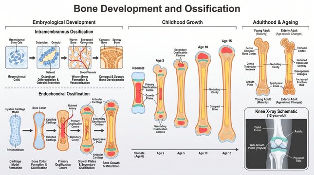 Anatomy infographic timeline of bone development and ossification stages
