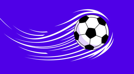 Fototapeta premium Cartoon soccer ball illustration with speed trails on a purple background.