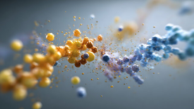 Colorful molecular structure with particles exploding in space