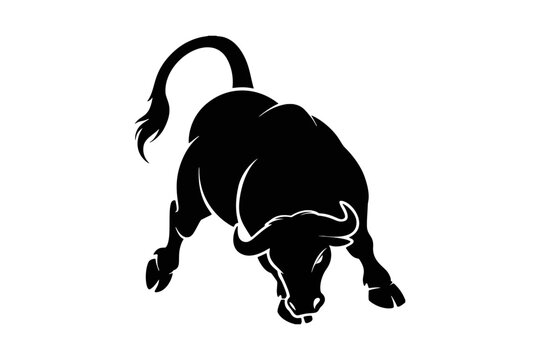 A black bull illustration charging forward with its head down on an isolated white background