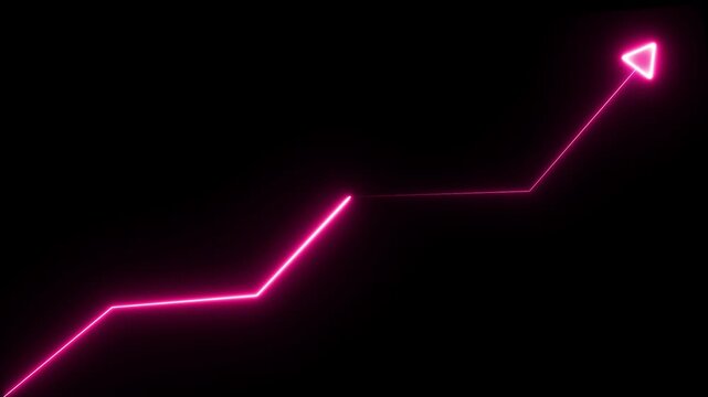 Neon pink growth chart arrow rising on black background, financial success and business progress concept animation