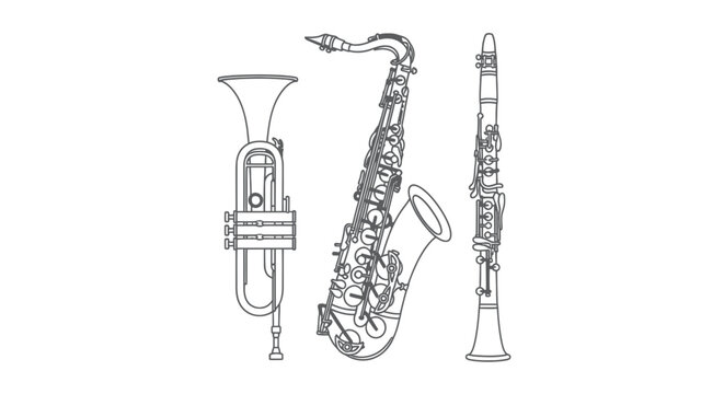 Outline illustration of a trumpet, saxophone, and clarinet on white background