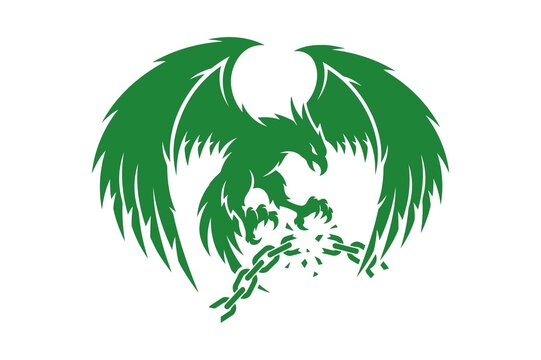 Phoenix Rising: A powerful green phoenix, symbol of rebirth and strength, breaks free from its chains, its wings spread wide in a triumphant display of liberation and new beginnings.