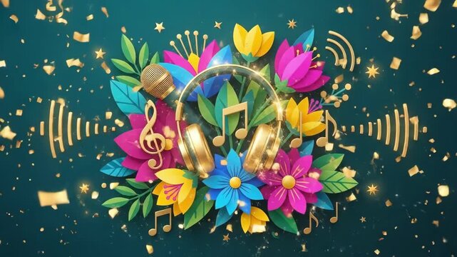 Colorful flowers and golden headphones with musical notes and sparkles on teal background. Festive fusion of music and nature in vibrant illustration. Creative audio design concept for celebrations