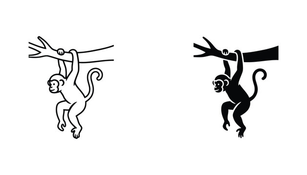 Playful monkey character hanging on a tree branch icon set in outline and solid black styles for zoo branding and wildlife conservation graphics