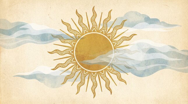 Animated landscape with colorful hills and trees concept. Artistic representation of sun and clouds in a vintage style.