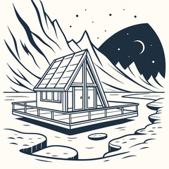 A-frame cabin on a floating platform in an icy arctic night landscape © dog