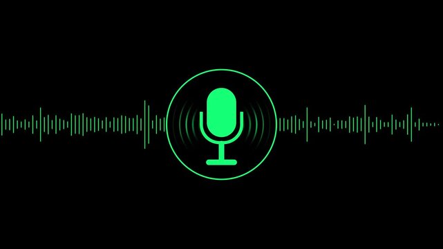 Green microphone with animated sound wave equalizer for podcast, voice recording, and audio visualization