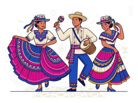 Traditional Latin American Folk Dancers in Colorful National Costumes Illustration