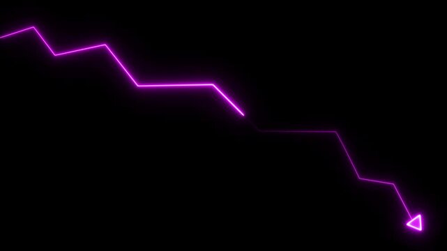 Neon purple financial downtrend graph arrow moving downwards on black background, for economic loss analysis