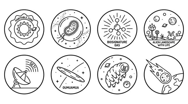 Vector svg Space and Cosmos Outline Icons celestial bodies, microbial life, scientific discoveries, alien landscapes, and cosmic exploration concepts