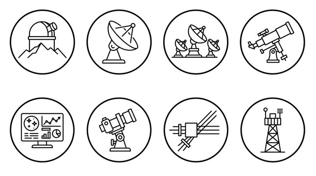 A captivating vector svg collection of Space and Cosmos Outline Icons, featuring astronomy observatories, telescopes, and communication equipment for scientific exploration