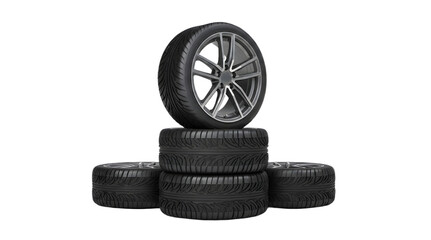 Stack of Four Black Car Tires with One Modern Alloy Wheel on Top Product Shot © muhammad Salman
