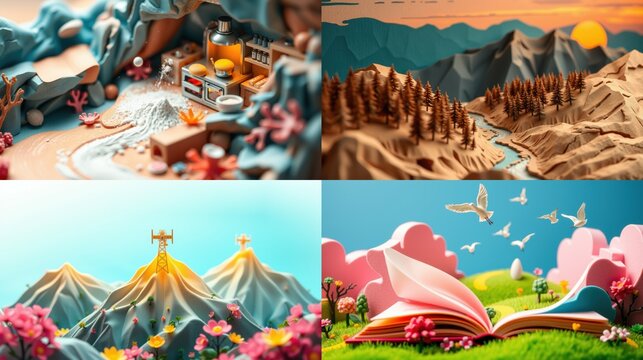 Stylized scenes depict miniature worlds, mountains, open book, birds. Bright colors, low poly aesthetic present throughout images.