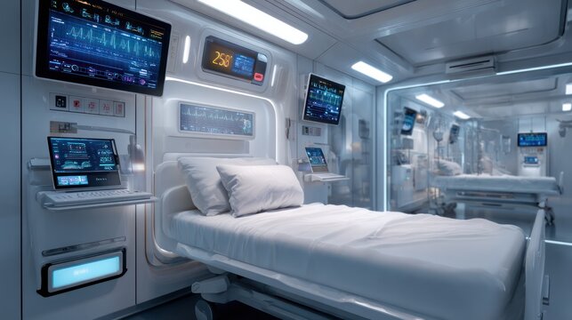 Futuristic Hospital Room: A high-tech hospital room featuring a sterile, advanced bed and multiple monitors displaying vital signs, symbolizing the future of healthcare and medical technology.