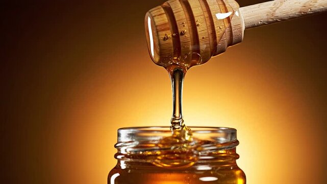 Cinematic ultra slow-motion macro of thick golden honey pouring viscously from a traditional wooden honey dipper into a clear glass jar, with warm golden-amber backlighting creating translucent produc