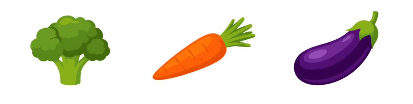Three isolated fresh vegetables on transparent background: green broccoli floret, bright orange carrot, and purple eggplant. Concept of healthy vegetarian nutrition.