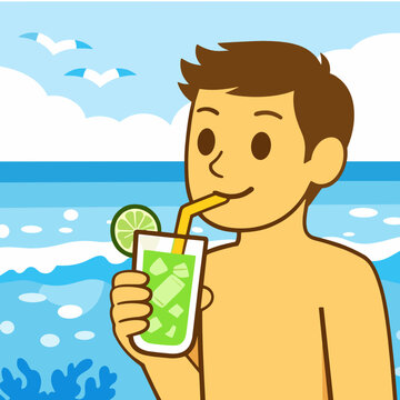 A cartoon young man drinking a refreshing green cocktail through a straw. Concept of summer leisure and enjoying a cool tropical drink.