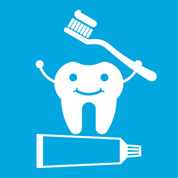 Smiling tooth with tube of toothpaste and toothbrush icon, promoting dental hygiene.