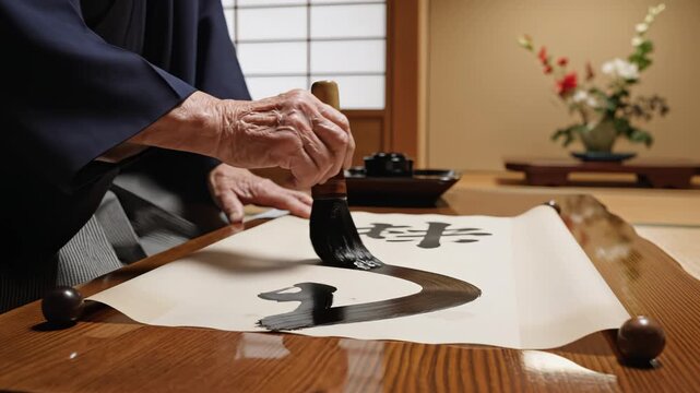 Person writing calligraphy with brush symbolizing dynamic movement and artistic expression