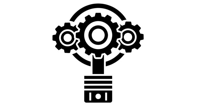 Industrial Gears and Engine Piston Icon, Black and White Vector Illustration