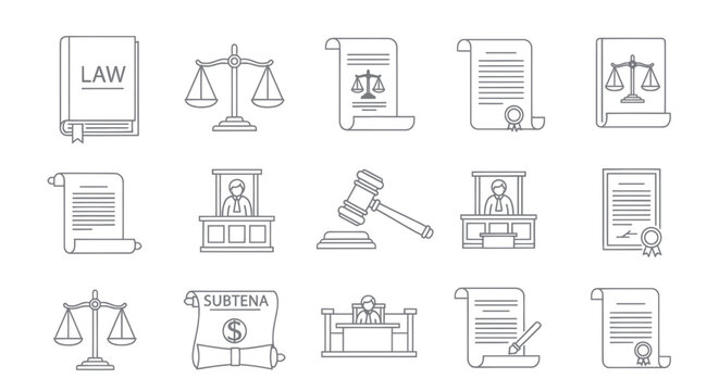 Law and Justice Icons: Scales, Gavel, Book, Subpoena, Courtroom, Judge, Document