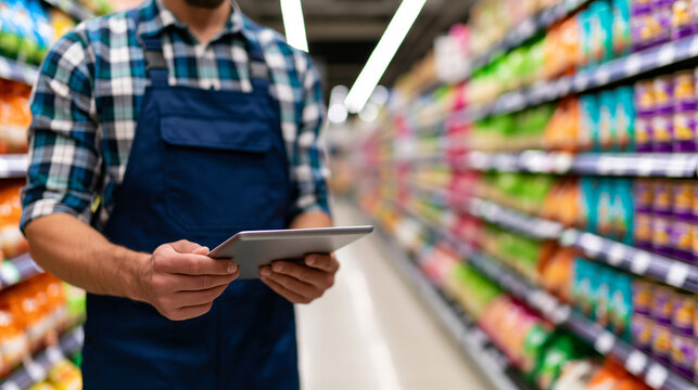 Supermarket employee holding product box in grocery aisle, representing retail work, inventory management, and customer service.