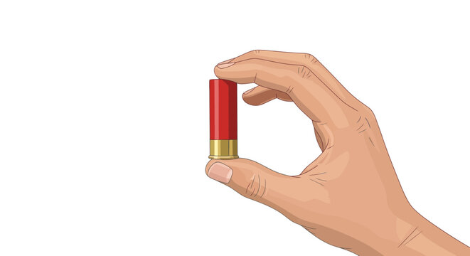 Hand holding shotgun shell, isolated on white background