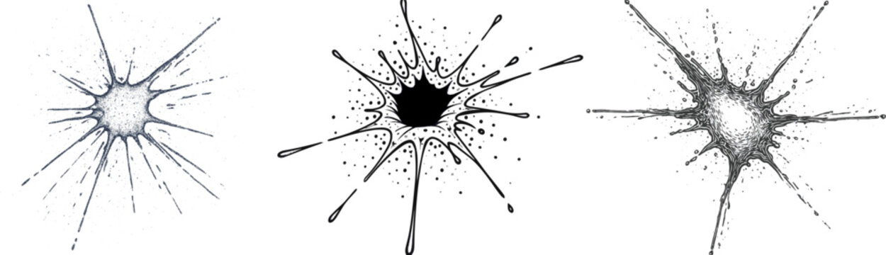A chaotic paint splatter in dark midnight blue against a pure white background features heavy dispersal with fine high-contrast particles and trails, optimized for precise vectorization