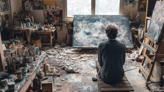 Artist sitting on a wooden bench inside a messy art studio looking at a large abstract canvas painting, creative workshop with paint brushes and tools