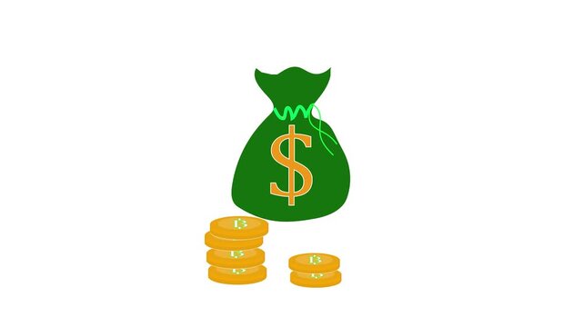 Money bag and stacked coins animation showing wealth, investment, and success for explainer videos. Animated green gold money bag with cryptocurrency symbols for business and finance presentations.