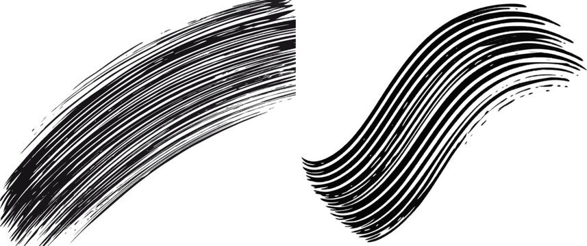 A single, sharp, aggressive paint stroke made by a flat, dry brush colored in solid deep charcoal black, set against a strict pure white background, showcases highly defined jagged bristle separation