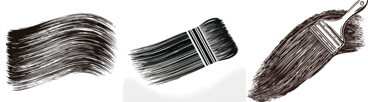 A wide, erratic horizontal paint drag in dark espresso brown is executed with a wide house painting brush, featuring heavy bristle lines and clear gaps against a stark pure white background