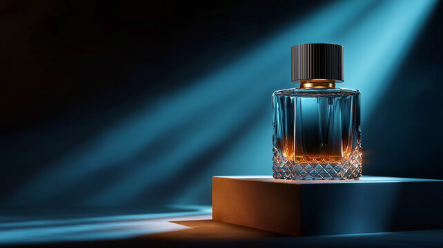 Luxury glass perfume bottle with a black cap displayed on a geometric podium under dramatic turquoise studio light beams for high end commercial product placement