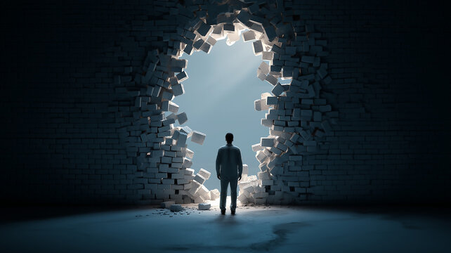 Concept art of a man standing in a dark room facing a large breakthrough opening in a brick wall with bright light shining through, symbolizing hope, freedom, and new opportunities.
