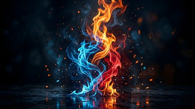 Vibrant blue and red flames intertwining dynamically on a reflective surface with dark background.