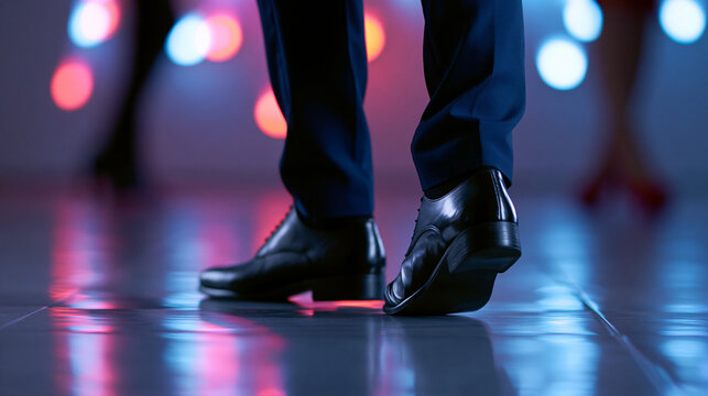 Elegant male dancer shoes on illuminated dance floor with colorful nightclub lights and sophisticated ballroom atmosphere.